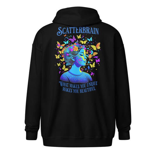 Miss Scatterbrain Unisex heavy blend zip hoodie with print on back!